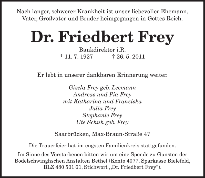 Traueranzeigen Von Friedbert Frey Saarbruecker Zeitung Trauer De