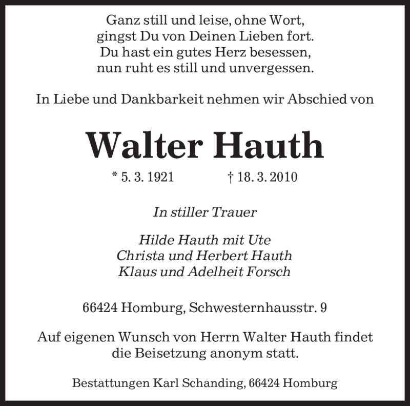 Traueranzeigen Von Walter Hauth Saarbruecker Zeitung Trauer De