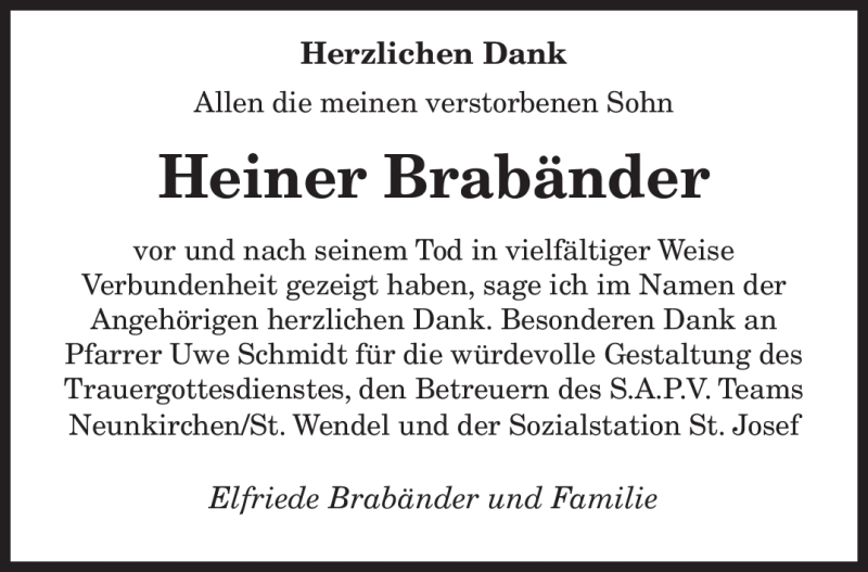 Traueranzeigen von Heiner Brabänder Saarbruecker Zeitung Trauer de