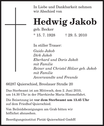 Traueranzeigen Von Hedwig Jakob Saarbruecker Zeitung Trauer De