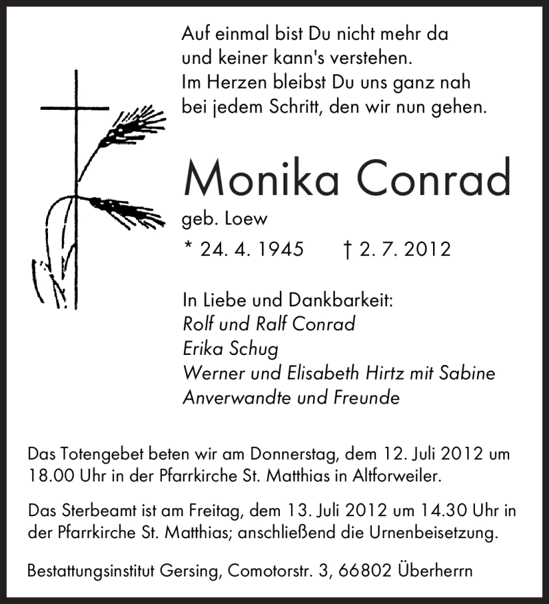 Traueranzeigen Von Monika Conrad Saarbruecker Zeitung Trauer De