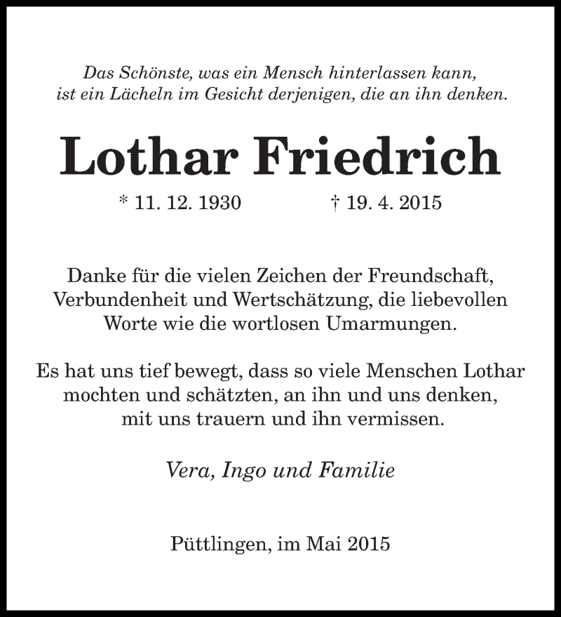  Traueranzeige für Lothar Friedrich vom 30.05.2015 aus saarbruecker_zeitung