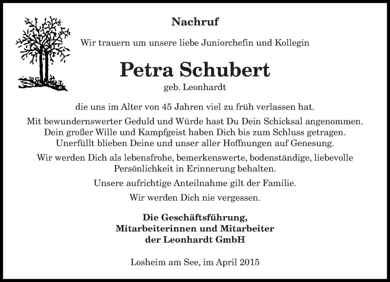  Traueranzeige für Petra Schubert vom 18.04.2015 aus saarbruecker_zeitung