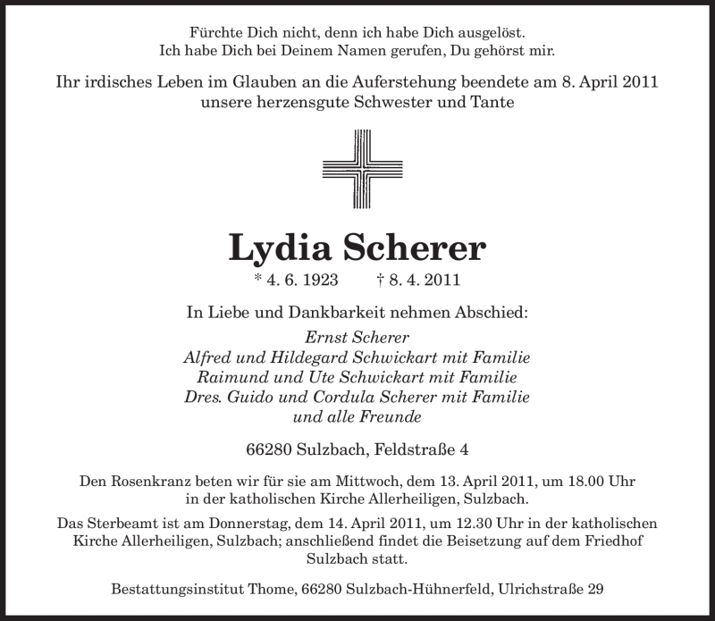 Traueranzeigen Von Lydia Scherer Saarbruecker Zeitung Trauer De