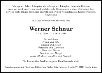 Traueranzeige von Werner Schnur von saarbruecker_zeitung