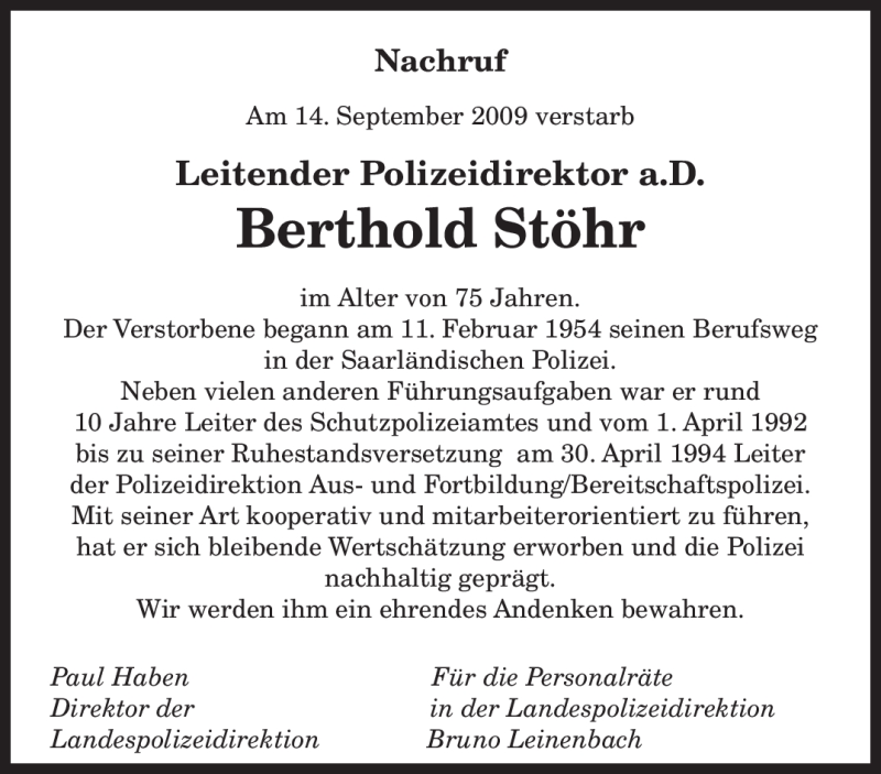 Traueranzeigen von Berthold Stöhr Saarbruecker Zeitung Trauer de