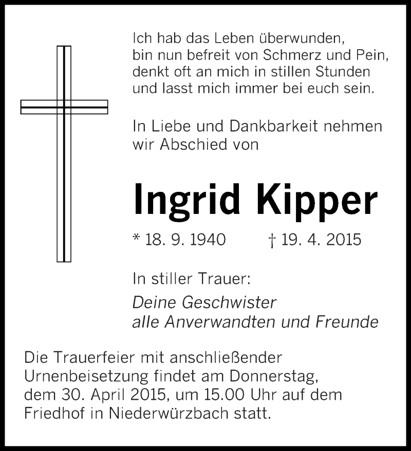  Traueranzeige für Ingrid Kipper vom 25.04.2015 aus saarbruecker_zeitung
