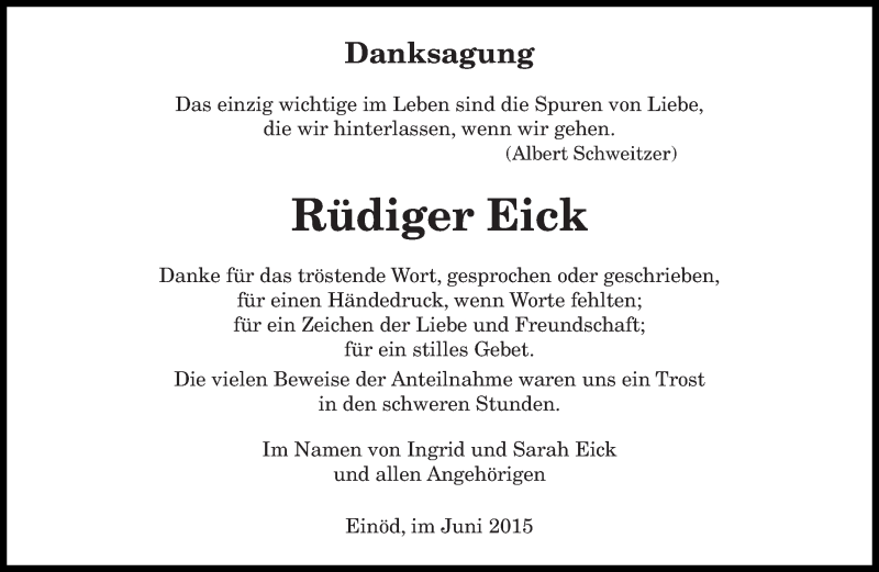  Traueranzeige für Rüdiger Eick vom 27.06.2015 aus saarbruecker_zeitung