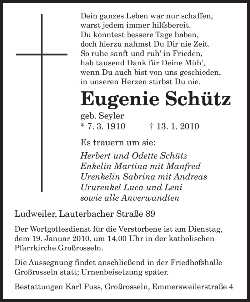 Traueranzeigen Von Eugenie Sch Tz Saarbruecker Zeitung Trauer De