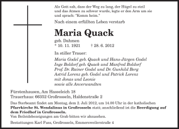 Traueranzeigen Von Maria Quack Saarbruecker Zeitung Trauer De