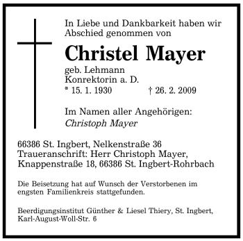 Traueranzeigen Von Christel Mayer Saarbruecker Zeitung Trauer De