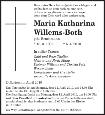 Traueranzeigen Von Maria Katharina Willems Both Saarbruecker Zeitung