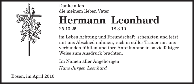 Traueranzeigen Von Hermann Leonhard Saarbruecker Zeitung Trauer De