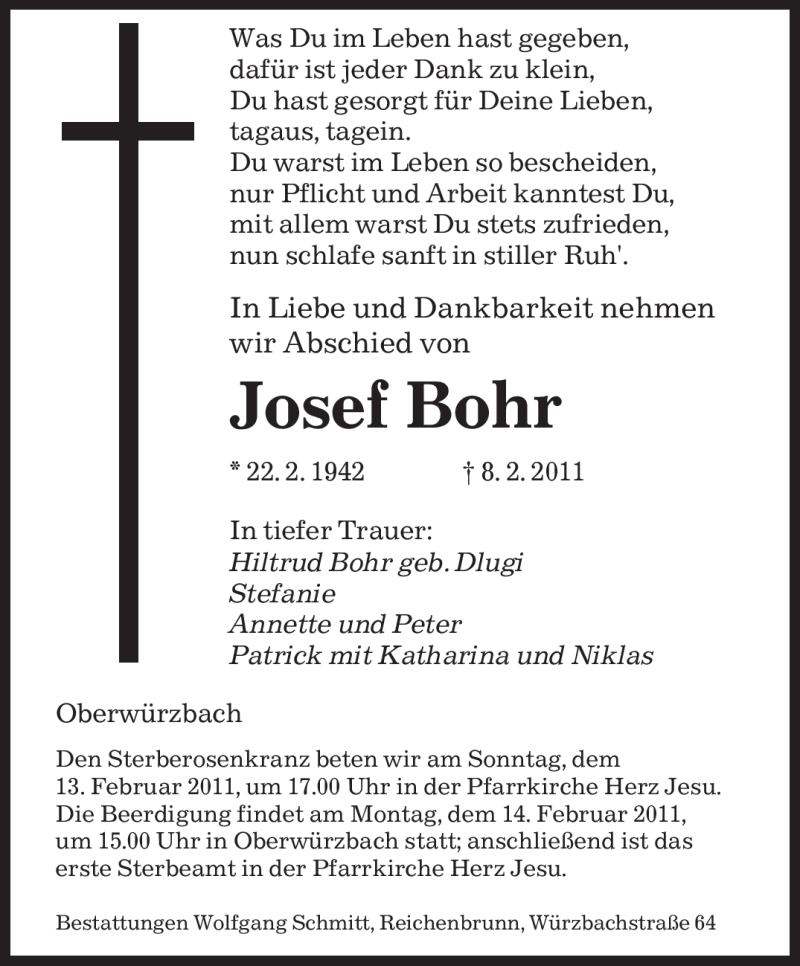 Traueranzeigen Von Josef Bohr Saarbruecker Zeitung Trauer De