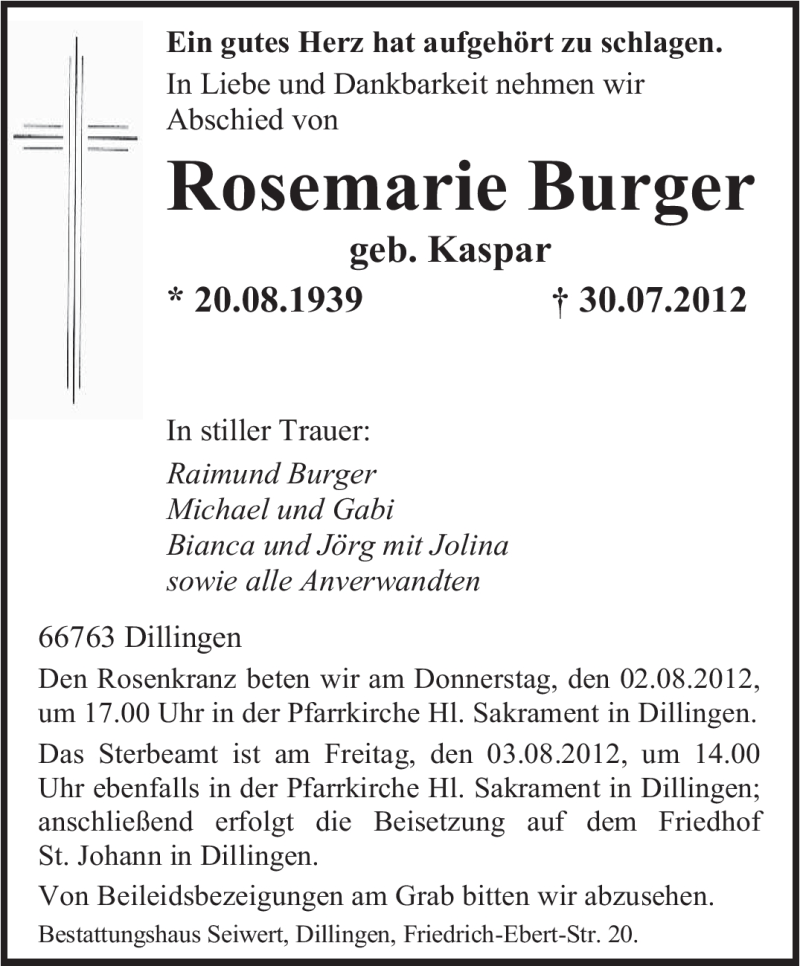 Traueranzeigen Von Rosemarie Burger Saarbruecker Zeitung Trauer De