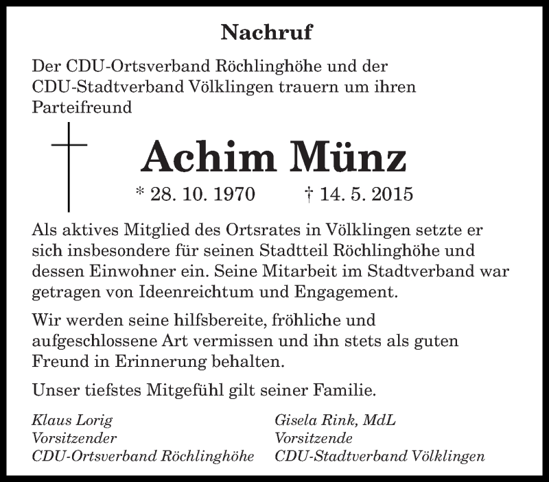  Traueranzeige für Achim Münz vom 23.05.2015 aus saarbruecker_zeitung