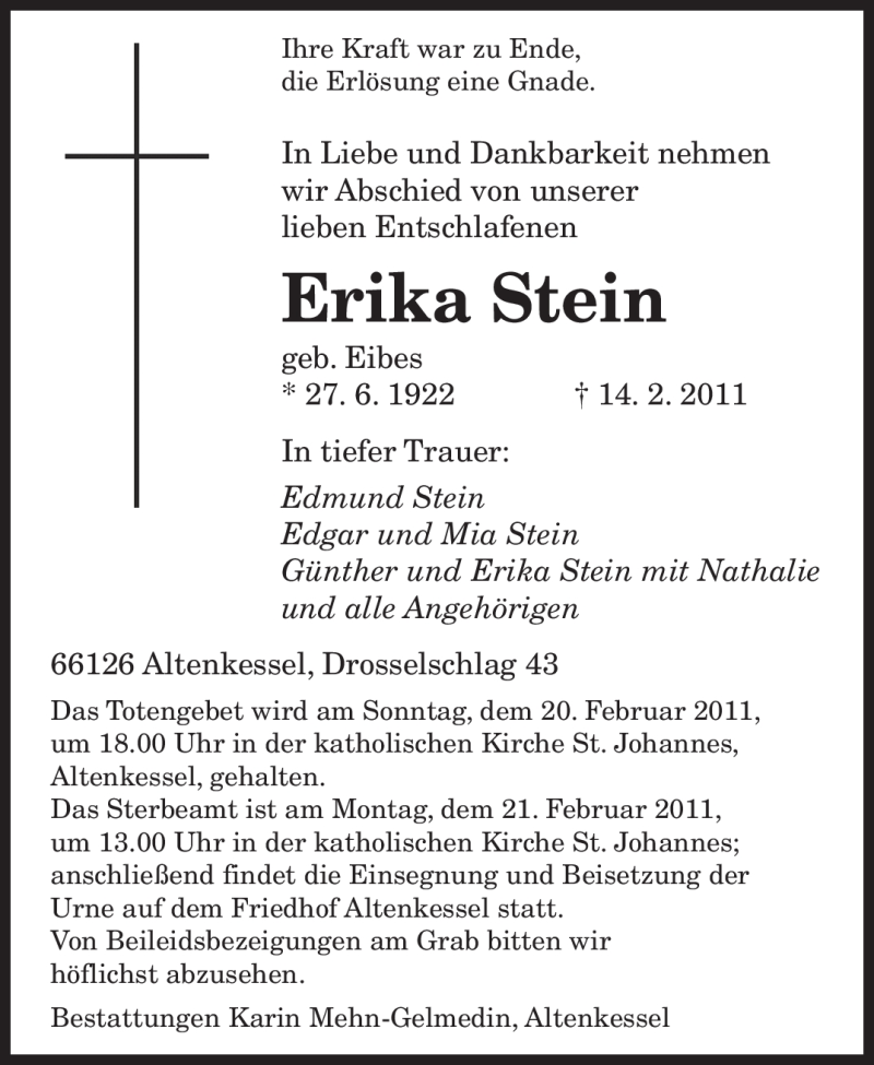 Traueranzeigen Von Erika Stein Saarbruecker Zeitung Trauer De