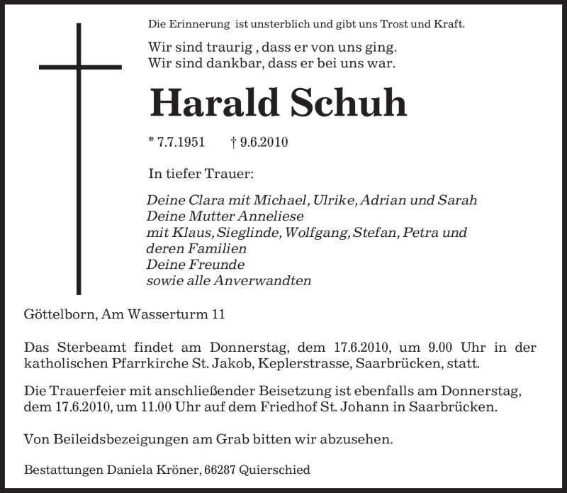 Traueranzeigen Von Harald Schuh Saarbruecker Zeitung Trauer De