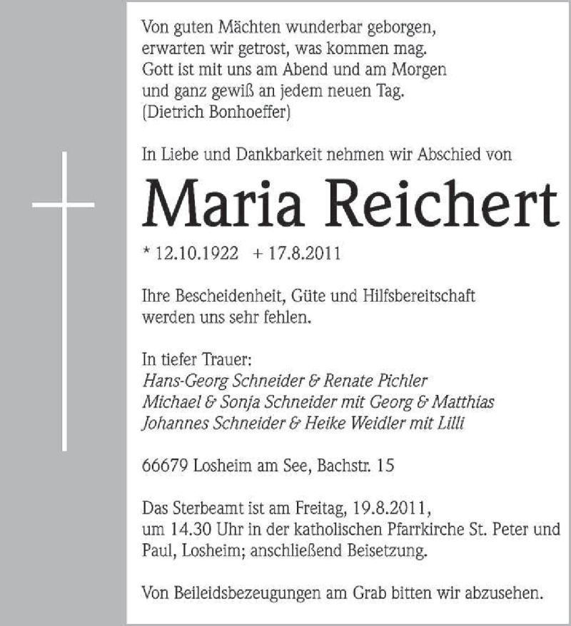 Traueranzeigen Von Maria Reichert Saarbruecker Zeitung Trauer De