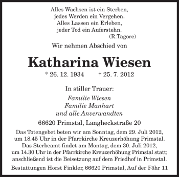 Traueranzeigen Von Katharina Wiesen Saarbruecker Zeitung Trauer De