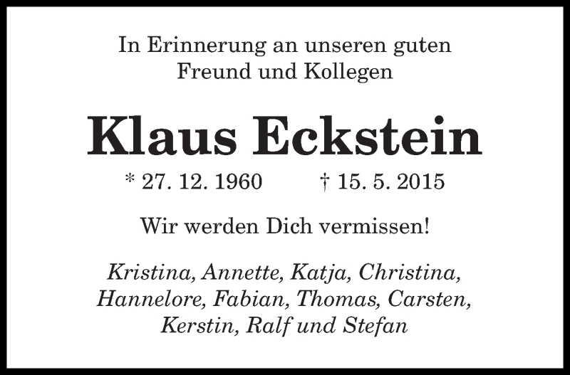  Traueranzeige für Klaus Eckstein vom 20.05.2015 aus saarbruecker_zeitung