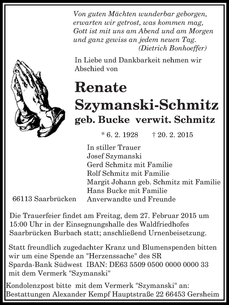  Traueranzeige für Renate Szymanski-Schmitz vom 25.02.2015 aus saarbruecker_zeitung