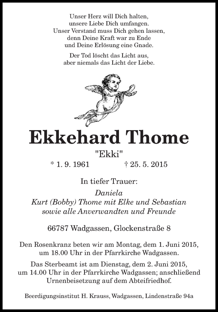  Traueranzeige für Ekkehard Thome vom 29.05.2015 aus saarbruecker_zeitung