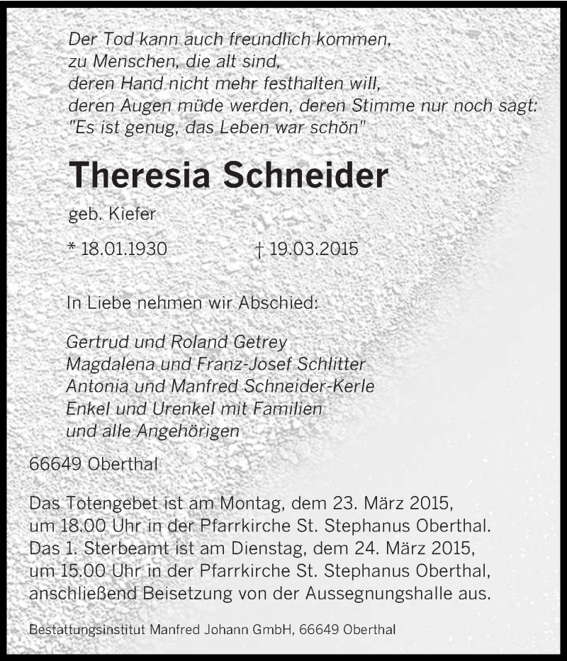  Traueranzeige für Theresia Schneider vom 21.03.2015 aus saarbruecker_zeitung
