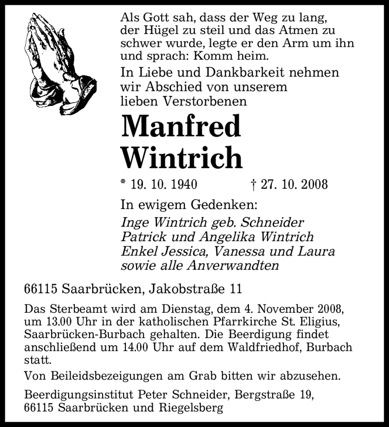 Traueranzeigen Von Manfred Wintrich Saarbruecker Zeitung Trauer De