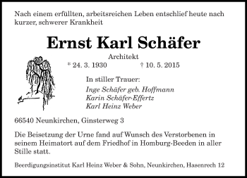 Traueranzeige von Ernst Karl Schäfer von saarbruecker_zeitung