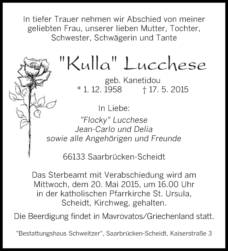  Traueranzeige für Kulla Lucchese vom 19.05.2015 aus saarbruecker_zeitung