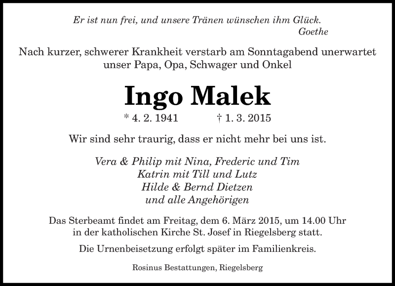  Traueranzeige für Ingo Malek vom 04.03.2015 aus saarbruecker_zeitung