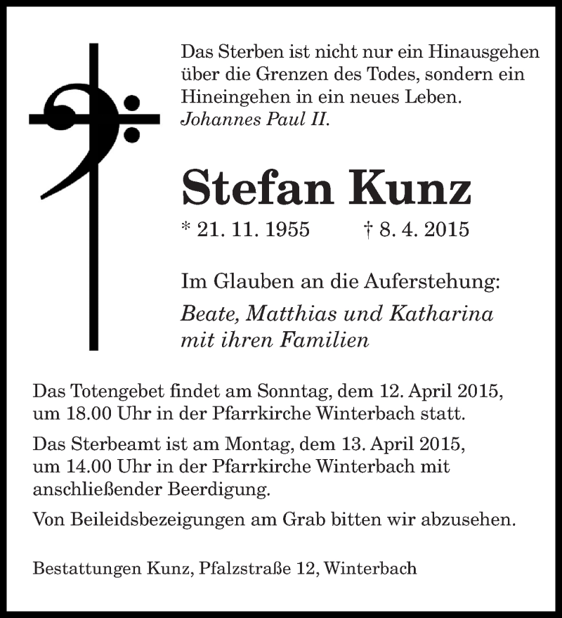  Traueranzeige für Stefan Kunz vom 11.04.2015 aus saarbruecker_zeitung