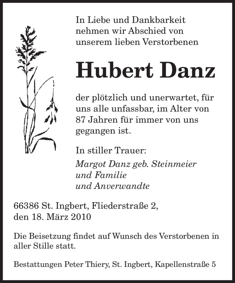 Traueranzeigen Von Hubert Danz Saarbruecker Zeitung Trauer De