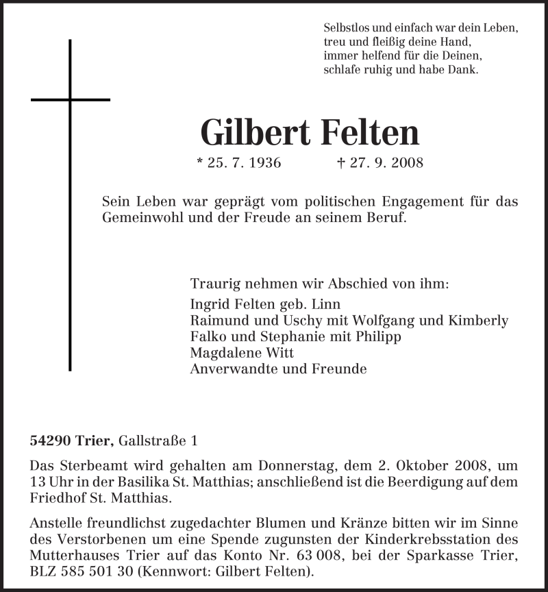  Traueranzeige für Gilbert Felten vom 29.09.2008 aus 