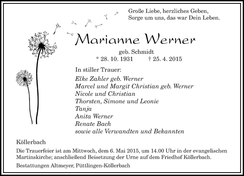  Traueranzeige für Marianne Werner vom 02.05.2015 aus saarbruecker_zeitung