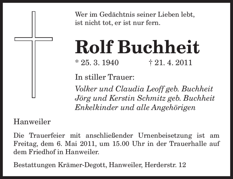 Traueranzeigen Von Rolf Buchheit Saarbruecker Zeitung Trauer De