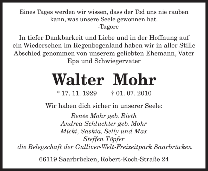 Traueranzeigen Von Walter Mohr Saarbruecker Zeitung Trauer De