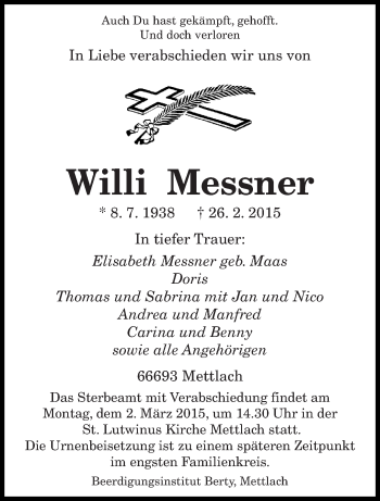 Traueranzeige von Willi Messner von saarbruecker_zeitung