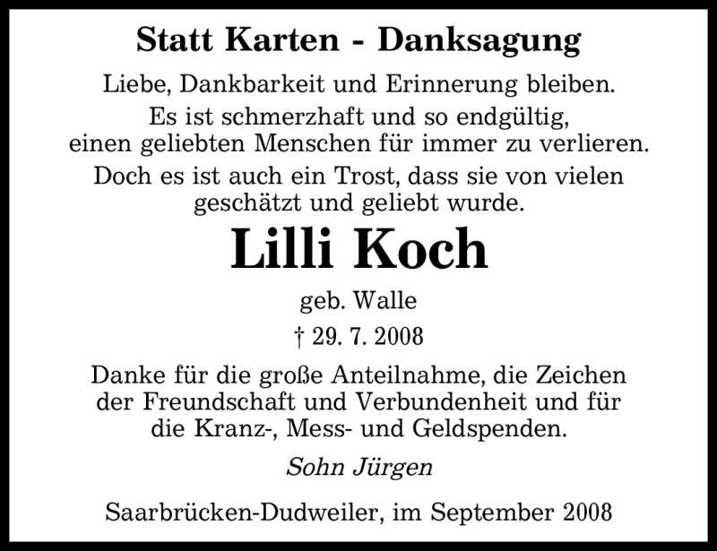 Traueranzeigen Von Lilli Koch Saarbruecker Zeitung Trauer De