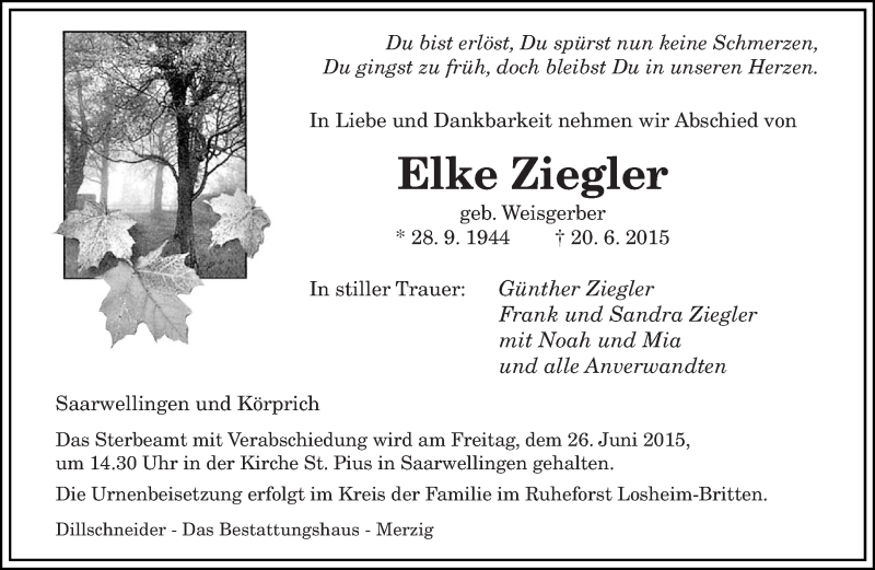  Traueranzeige für Elke Ziegler vom 23.06.2015 aus saarbruecker_zeitung