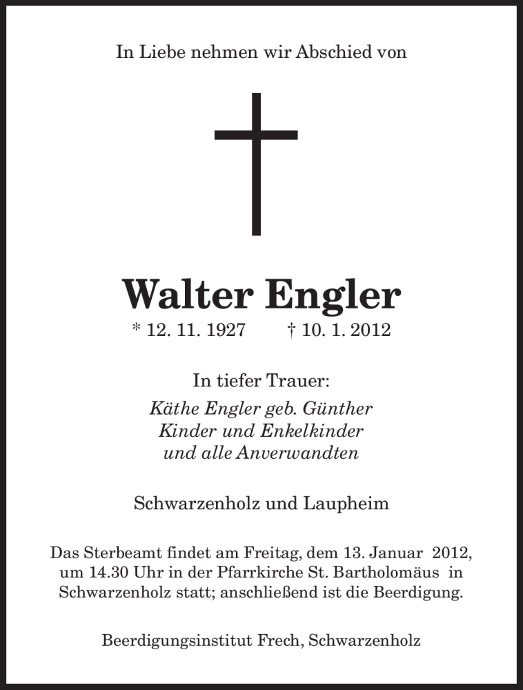  Traueranzeige für Walter Engler vom 12.01.2012 aus SAARBRÜCKER ZEITUNG