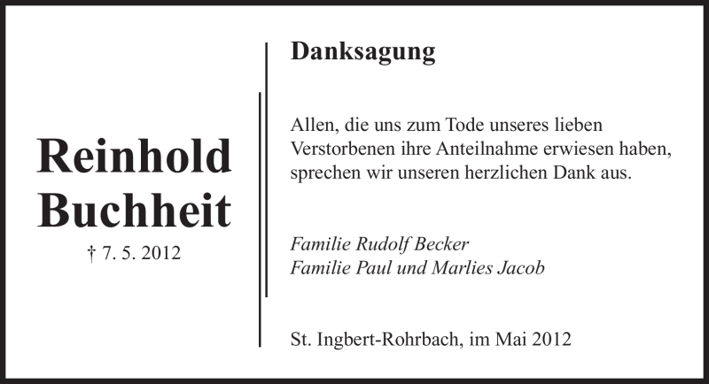 Traueranzeigen Von Reinhold Buchheit Saarbruecker Zeitung Trauer De