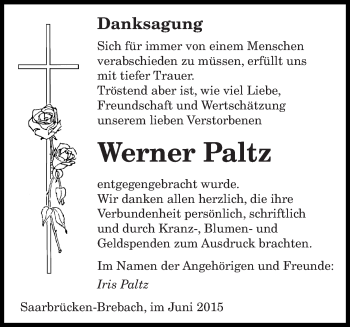 Traueranzeige von Werner Paltz von saarbruecker_zeitung