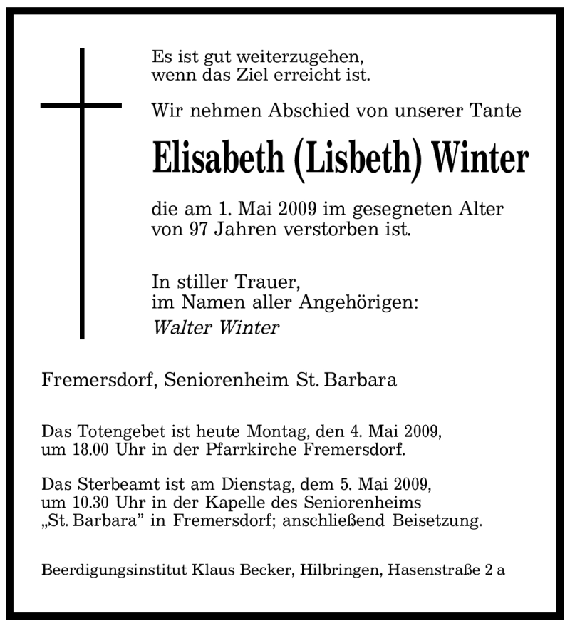 Traueranzeigen Von Elisabeth Winter Saarbruecker Zeitung Trauer De