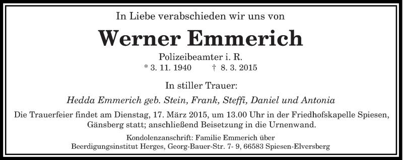  Traueranzeige für Werner Emmerich vom 14.03.2015 aus saarbruecker_zeitung