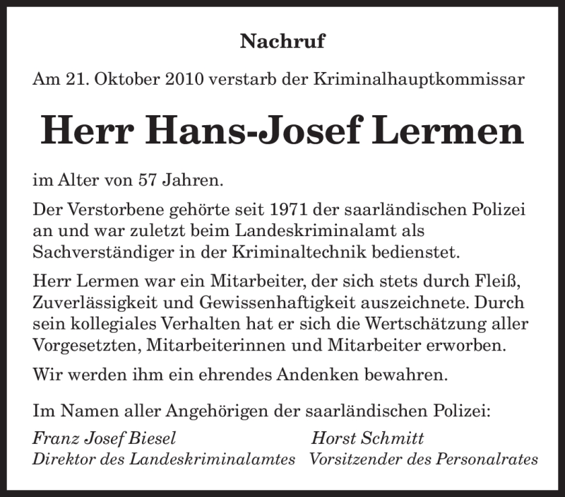 Traueranzeigen Von Hans Josef Lermen Saarbruecker Zeitung Trauer De