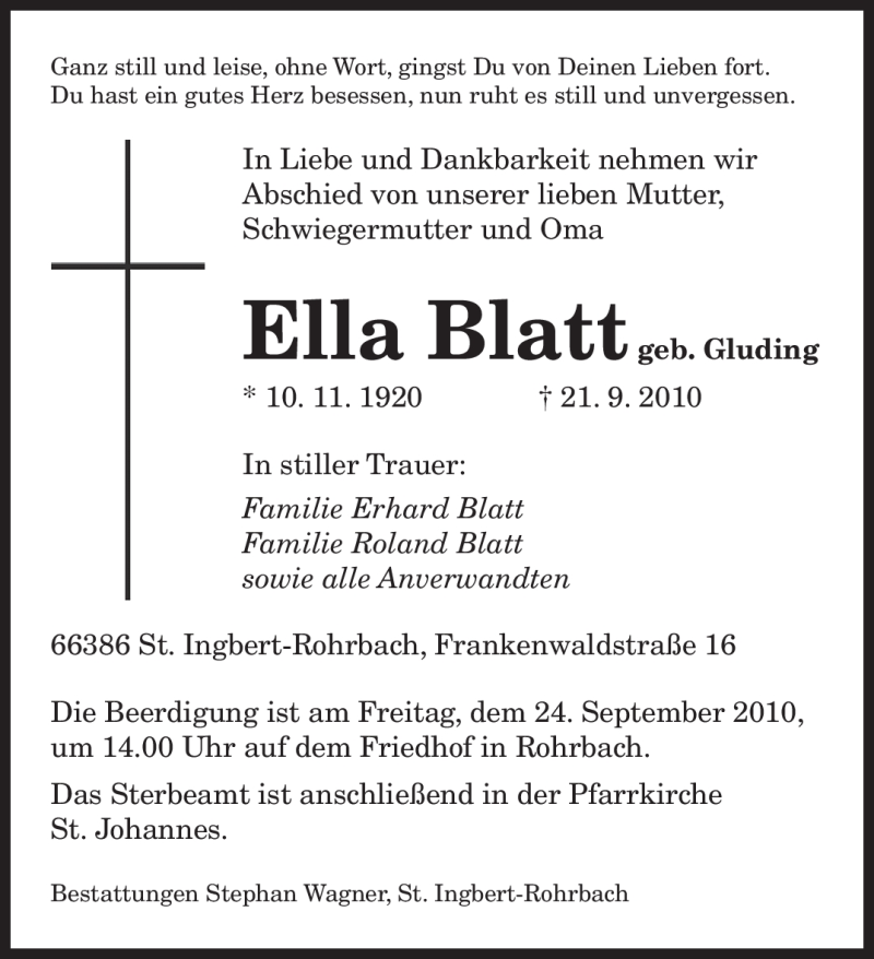 Traueranzeigen Von Ella Blatt Saarbruecker Zeitung Trauer De