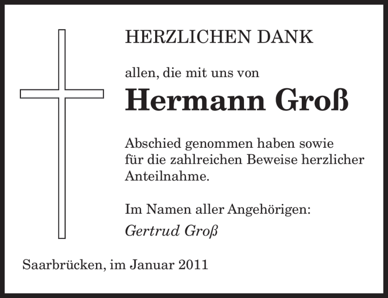 Traueranzeigen Von Hermann Gro Saarbruecker Zeitung Trauer De