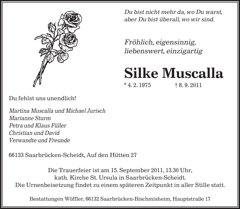  Traueranzeige für Silke Muscalla vom 12.09.2011 aus SAARBRÜCKER ZEITUNG
